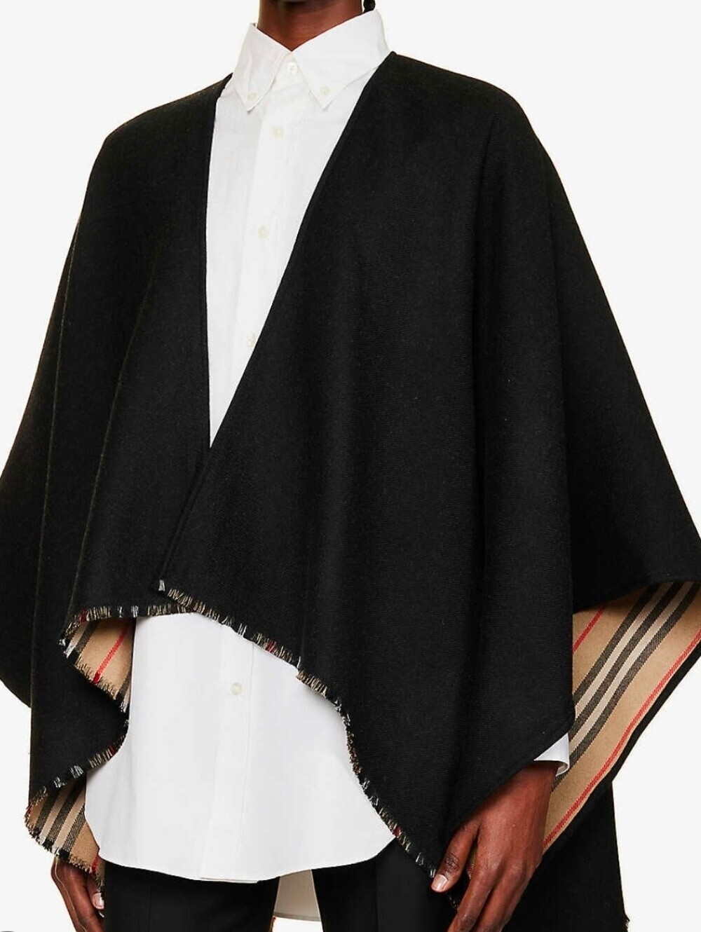 NWT- Burberry Black 100% Wool Icon Stripw Cape with Signature Stripe Trim